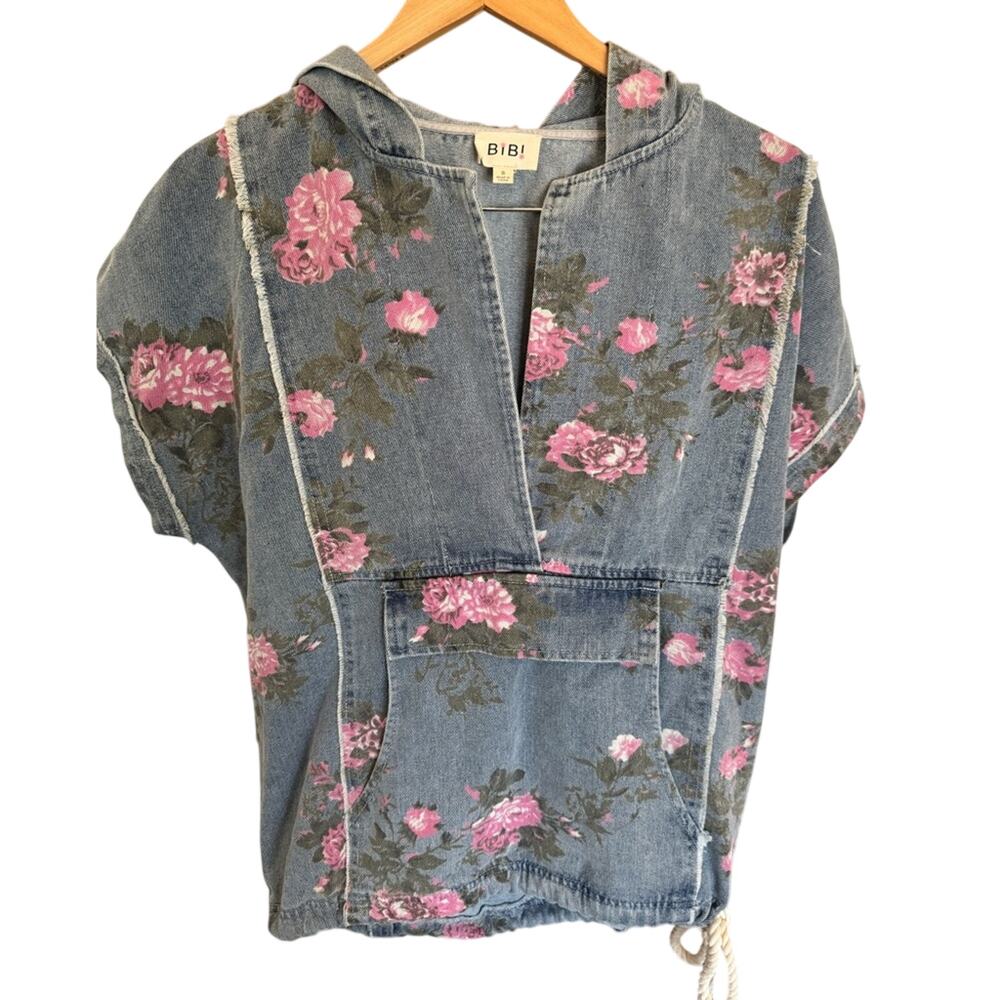 Oversized Denim Jacket Floral Pink Rose Hoodie Shacket Boho Small by BIBI